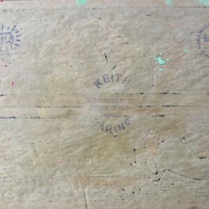 May include: Aged paper with multiple Keith Haring stamps and text. The stamps include a sunburst design with a figure, the name "Keith" and "Authorized by the Estate of Keith Haring".