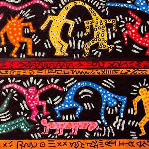 May include: Colorful artwork featuring stylized figures in various poses against a black background. The figures are in shades of pink, orange, yellow, red, and blue, with white accents. The artwork has a vibrant, energetic feel.