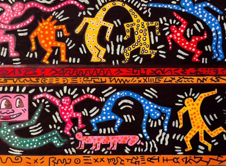 May include: Colorful artwork featuring stylized figures in various poses against a black background. The figures are in shades of pink, orange, yellow, red, and blue, with white accents. The artwork has a vibrant, energetic feel.