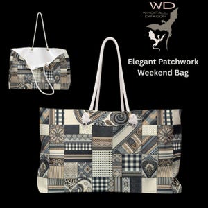 May include: Elegant patchwork weekend bag with white rope handles. The bag features a variety of patterned fabric squares in shades of beige, black, and blue. The bag has a white interior and a matching smaller version.