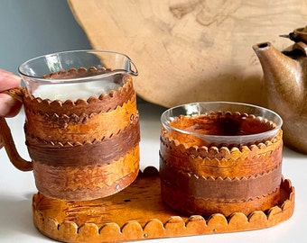 Creamer / milk jug / pitcher + sugar bowl + tray of Swedish birch bark – näver Handmade/Handcrafted in Sweden. Scandinavian Folk Art.