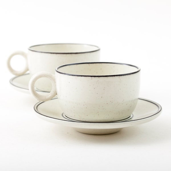 Gustavsberg / Arabia BIRKA 'Birch' Stig Lindberg  2 stoneware teacups / coffe cups + saucers Vol: 160 ml/ 5.4 oz 1970s Sweden MINT Condition