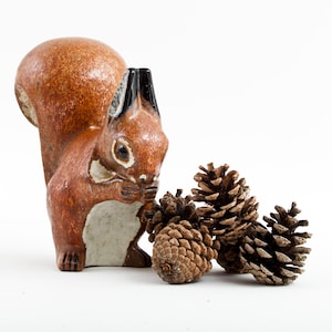 Può includere: Una statuetta di scoiattolo in ceramica con corpo marrone testurizzato, una grande coda folta e il petto color crema, posizionata accanto a un piccolo gruppo di tre pigne naturali marroni. Lo scoiattolo ha le punte delle orecchie nere.