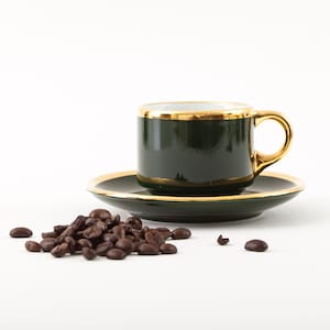 Pillivuyt One cup +  saucer for espresso, coffee, mocca or tea. Bistro Europe. Brasserie. Gold and green. France. Excellent condition.