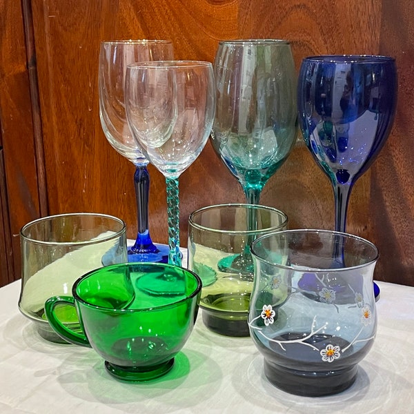 Mismatched Blue & Green VTG/Secondhand Glassware Bundles, Vintage Wine Glasses, Vintage Whiskey Glasses