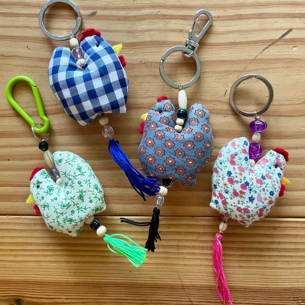 Up-Cycled Plush Chicken Keychains, Quirky Chicken Keychain, Wood Bead Keychain