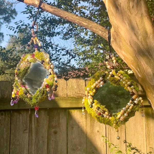 Handmade Fairy Portal Moss Mirror, Beaded Mirror, Moss Mirror, Whimsical Mirrors