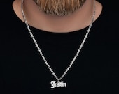 Men's Old English Name Necklace, Gothic Font Figaro Chain Jewelry