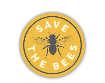 Peut inclure: Un autocollant rond jaune avec le texte "Save the Bees" en lettres blanches et une silhouette noire d'une abeille au centre.