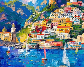 May include: An oil painting of a coastal town with colorful buildings stacked on a hillside overlooking a deep blue sea. Several sailboats with white and red sails float on the water, while a stone church tower stands near the shoreline.