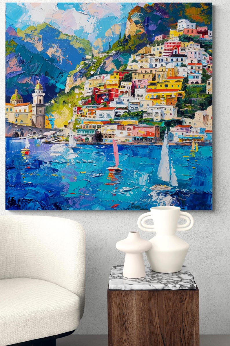 Positano Wall Art Italian Amalfi Coast Canvas Colorful Mediterranean Wall Decor Modern Coastal Artwork image 8