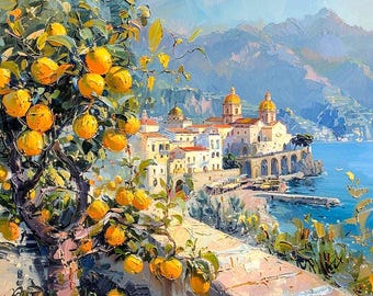 Amalfi Coast Wall Art Canvas, Italian Coastal Decor, Mediterranean Lemon Tree Painting, Luxury Blue Ocean Artwork for Living Room
