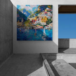 May include: A colorful painting of a seaside town with buildings on a hillside, boats in the water, and a blue sky.