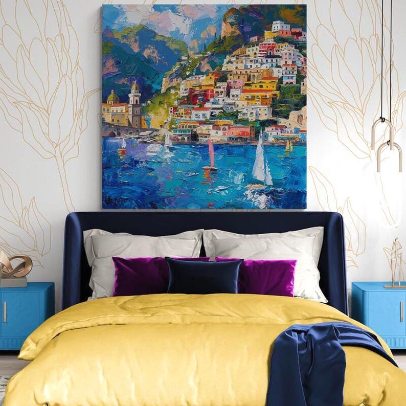 Positano Wall Art Italian Amalfi Coast Canvas Colorful Mediterranean Wall Decor Modern Coastal Artwork image 3