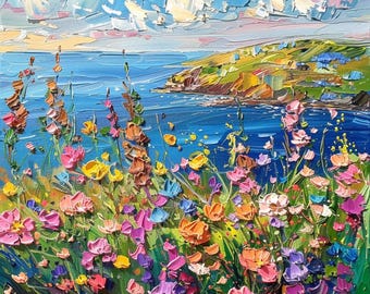 Tuscany Coastal Wildflower Wall Art – Italian Landscape Canvas Print, Colorful Tuscan Seascape Painting, Mediterranean Home Decor