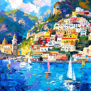 Positano Wall Art Italian Amalfi Coast Canvas Colorful Mediterranean Wall Decor Modern Coastal Artwork image 1