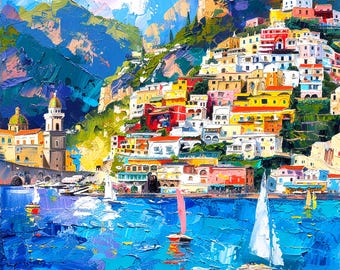 Positano Wall Art Italian Amalfi Coast Canvas Colorful Mediterranean Wall Decor Modern Coastal Artwork