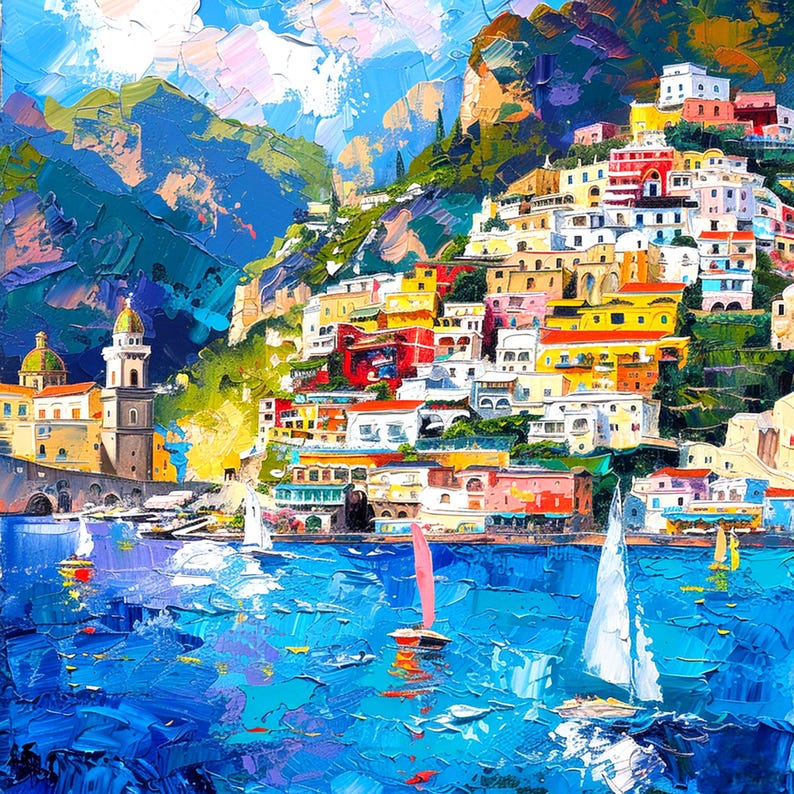 Positano Wall Art Italian Amalfi Coast Canvas Colorful Mediterranean Wall Decor Modern Coastal Artwork image 1
