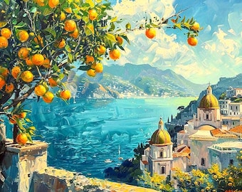 Amalfi Coast Lemon Wall Art – Italian Coastal Canvas Decor, Amalfi Italy Seascape Painting, Mediterranean Luxury Home Decor