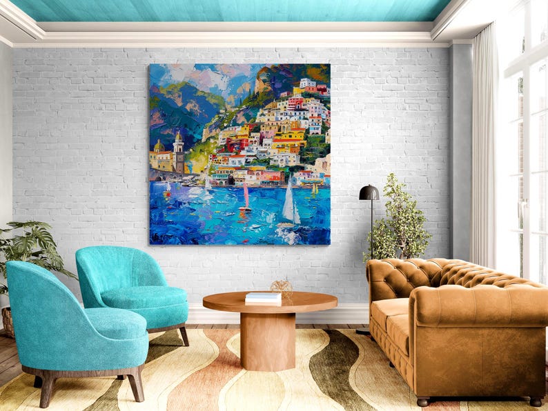 Positano Wall Art Italian Amalfi Coast Canvas Colorful Mediterranean Wall Decor Modern Coastal Artwork image 7