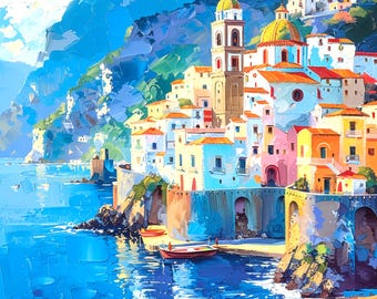 Positano Calm Artwork, Mediterranean Coastal Wall Art, Amalfi Coast Canvas, Modern Impressionist Interior Artwork