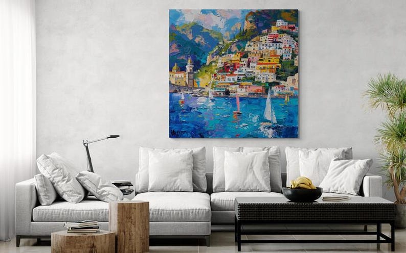 Positano Wall Art Italian Amalfi Coast Canvas Colorful Mediterranean Wall Decor Modern Coastal Artwork image 2