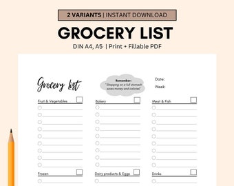 Grocery List | | Shopping List, A4/A5, Printable or Fillable PDF | Printable template