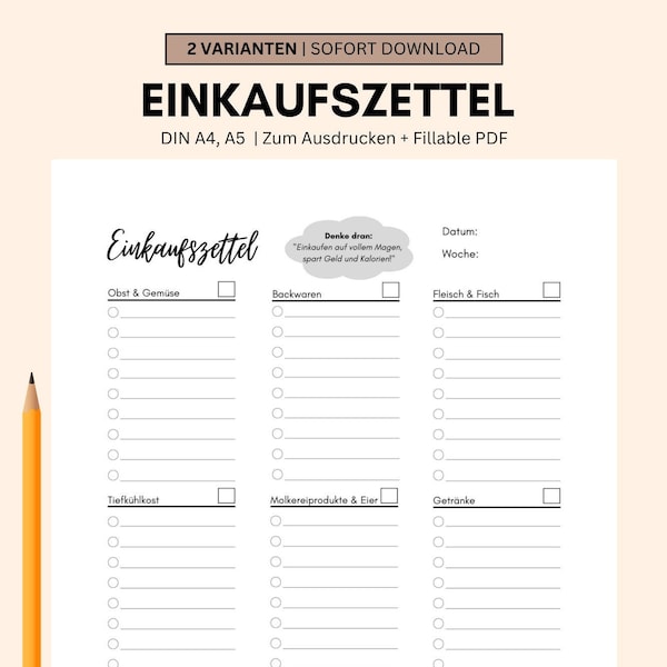 Einkaufszettel Deutsch | Einkaufsliste für Lebensmittel, A4/A5, Ausdrucken oder Fillable-PDF