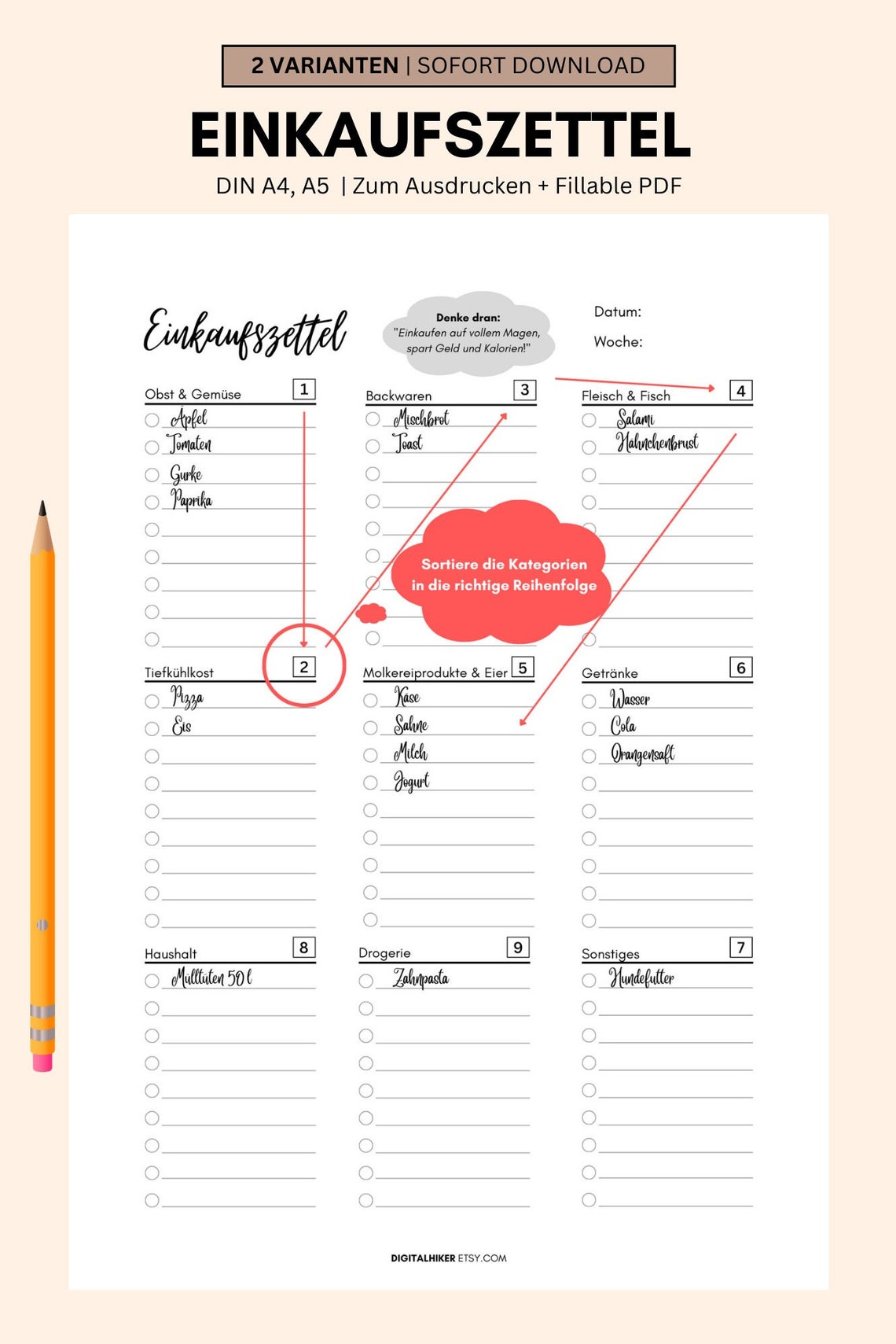 Einkaufszettel Deutsch Einkaufsliste für Lebensmittel, A4/A5, Ausdrucken oder FillablePDF Etsy.de