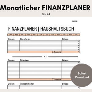 Puede incluir: Un planificador de presupuesto mensual imprimible en alemán, con secciones para ingresos, gastos fijos y gastos variables. El planificador incluye un calendario para cada mes del año y una sección para las sumas totales.