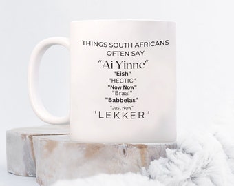 Taza con jerga sudafricana / Taza de café con expresiones divertidas de Sudáfrica