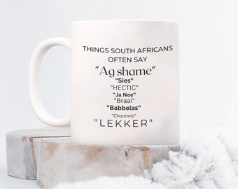 Taza con jerga sudafricana / Taza de café con expresiones divertidas de Sudáfrica
