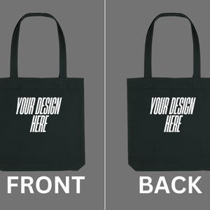 Peut inclure: Sac fourre-tout noir avec le texte blanc "YOUR DESIGN HERE" à l'avant et à l'arrière. Le sac a deux anses et est présenté sur un fond gris. Le mot "FRONT" est en dessous du texte à l'avant, et "BACK" à l'arrière.