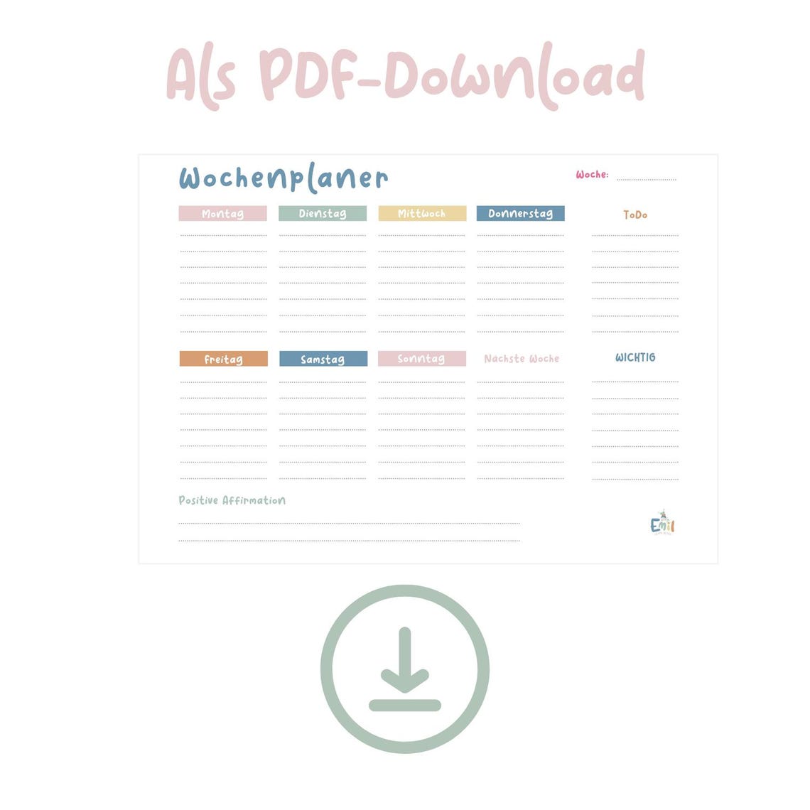 Wochenplaner, Wochenplan zum Ausdrucken, Wichtiges, Affirmation