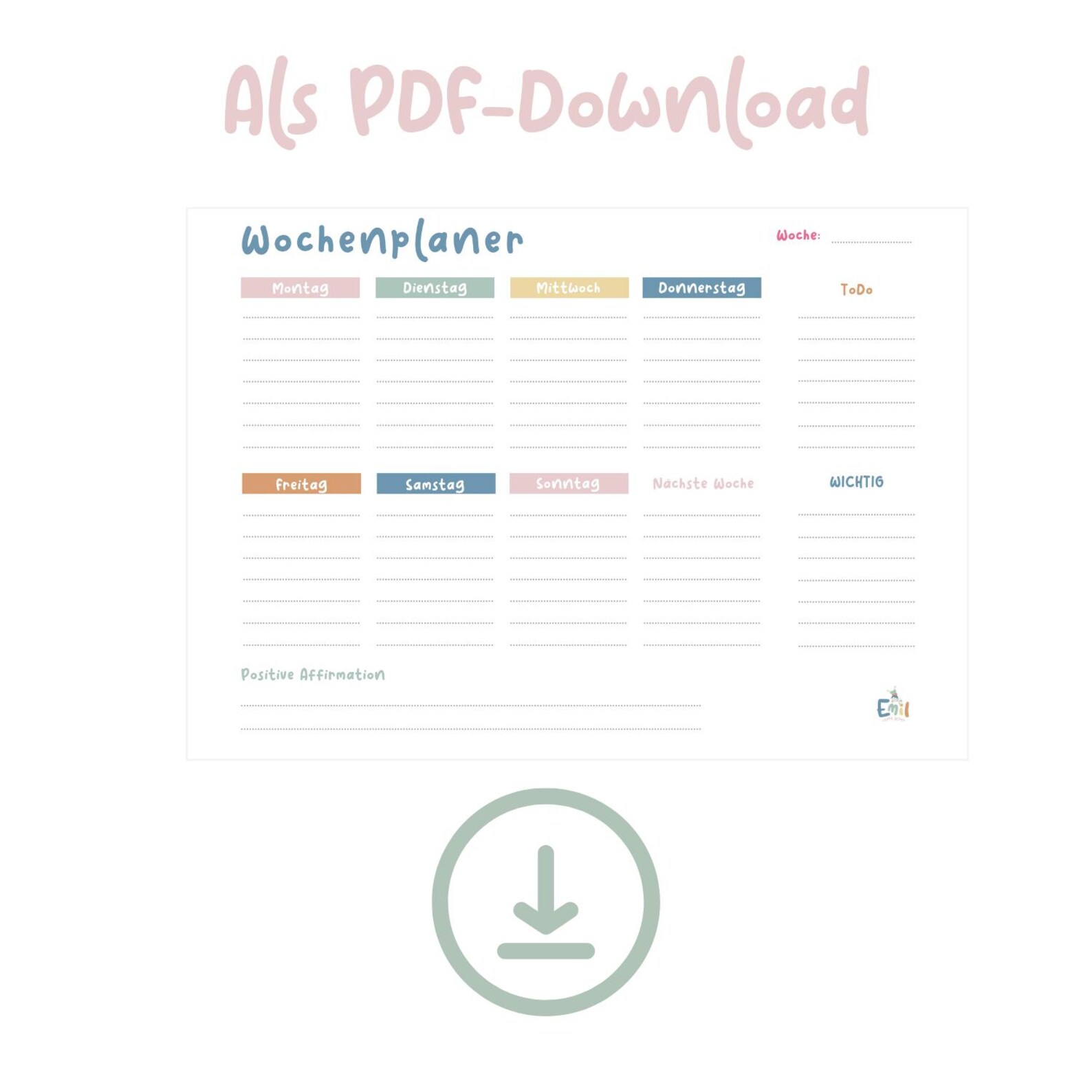 Wochenplaner, Wochenplan zum Ausdrucken, Wichtiges, Affirmation