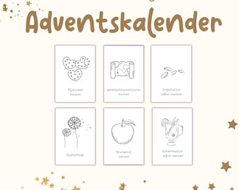 Op de afbeelding: Een printbare adventskalender met illustraties van activiteiten voor elke dag, zoals koekjes bakken, een kerst schattenjacht maken en zelf vogelvoer maken. De tekst luidt "Zeit statt Zeug" en "Adventskalender".