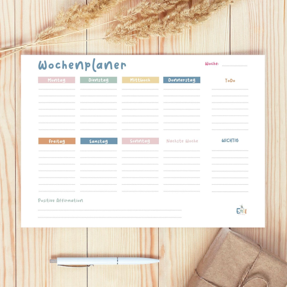 Wochenplaner, Wochenplan zum Ausdrucken, Wichtiges, Affirmation