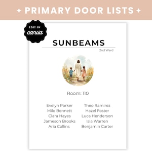May include: A white door list with the text "SUNBEAMS" and "2nd Ward". It includes a watercolor illustration of a figure with two children. The list contains names and the text "Room: 110".
