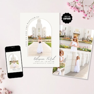 May include: Baptism invitation featuring a photo of a young person in a white dress in front of a white building. The invitation includes the text "JOIN US FOR THE BAPTISM OF Olivia Ford" and event details. A smartphone displays the invitation.