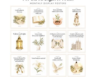 May include: A set of twelve monthly display posters titled For the Strength of Youth, featuring watercolor illustrations and religious text for each month. The posters include sizes 5x7, 8x10, 11x14, and 16x20 inches, presented as a digital download.
