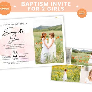 May include: Baptism invitation for two girls. The invitation features a photo of two girls in white dresses in a field. The text reads "Emma & Jane" and includes event details. The design is double-sided.