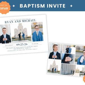 May include: A baptism invitation with a white background and blue text. The invitation features two boys in suits and a photo of a church. The text reads "Join us for the baptisms of Ryan and Michael" and includes the date and time of the event.