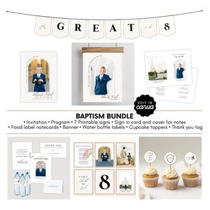 May include: A collection of baptism-themed stationery and decorations. Includes invitations, programs, printable signs, and cupcake toppers. The design features a young boy in a blue suit, with the text "The Great 8" on a banner.