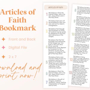 Op de afbeelding: Een digitaal bestand bladwijzer met de tekst "Articles of Faith Bookmark" in oranje. De bladwijzer is 5 x 18 cm en heeft de voor- en achterkant. De tekst "download and print now!" is ook opgenomen.