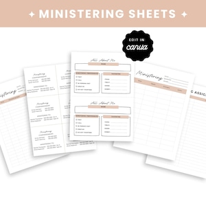 Könnte beinhalten: Eine Sammlung weißer Papierbögen mit den Texten "Ministering Sheets" und "All About Me" in minimalistischem Design. Die Bögen enthalten Abschnitte für Notizen, Präferenzen und Aufgaben, mit einer neutralen Farbpalette.