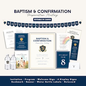 May include: A digital set of Baptism and Confirmation preparation materials including a banner, invitation, program, welcome sign, display signs, bookmark, water bottle labels, and a notecard. The items feature navy blue and gold accents with the CTR shield.