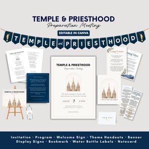 May include: A digital event kit for a Temple and Priesthood Preparation Meeting, featuring a navy blue banner, invitation, program, welcome sign on an easel, theme handouts, bookmarks, water bottle labels, and a notecard with gold temple graphics.