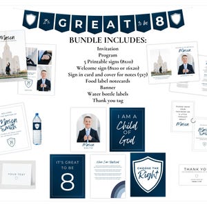 May include: A collection of navy blue and white baptism party supplies. The set includes invitations, signs, labels, and a banner that reads "It's GREAT to be 8". The design features a temple image and the text "I AM A CHILD OF GOD".