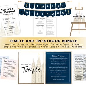 Puede incluir: Una colección de materiales impresos con temática religiosa. Incluye invitaciones, programas, letreros de bienvenida y pancartas. El texto incluye "Temple & Priesthood" y "Temple Promises". La combinación de colores es principalmente blanco, azul y dorado.