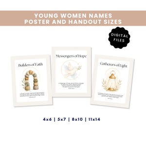 May include: Three digital art prints with the titles "Builders of Faith", "Messengers of Hope", and "Gatherers of Light". The prints feature watercolor illustrations and text. The poster sizes are 4x6, 5x7, 8x10, and 11x14.